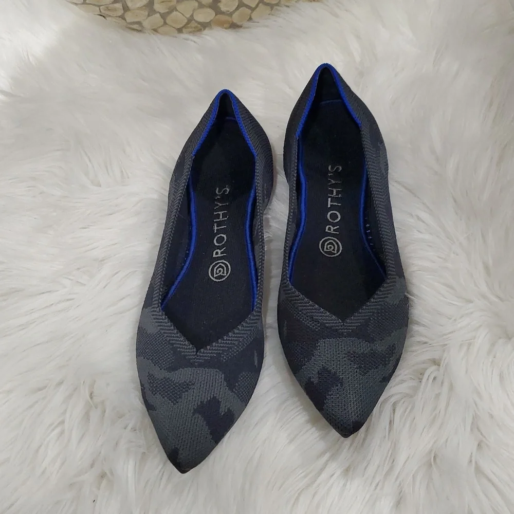 Rothy's The Point  Gray Camo  Flats with Sleek Pointed Toe and Blue Trim - Picture 8 of 16